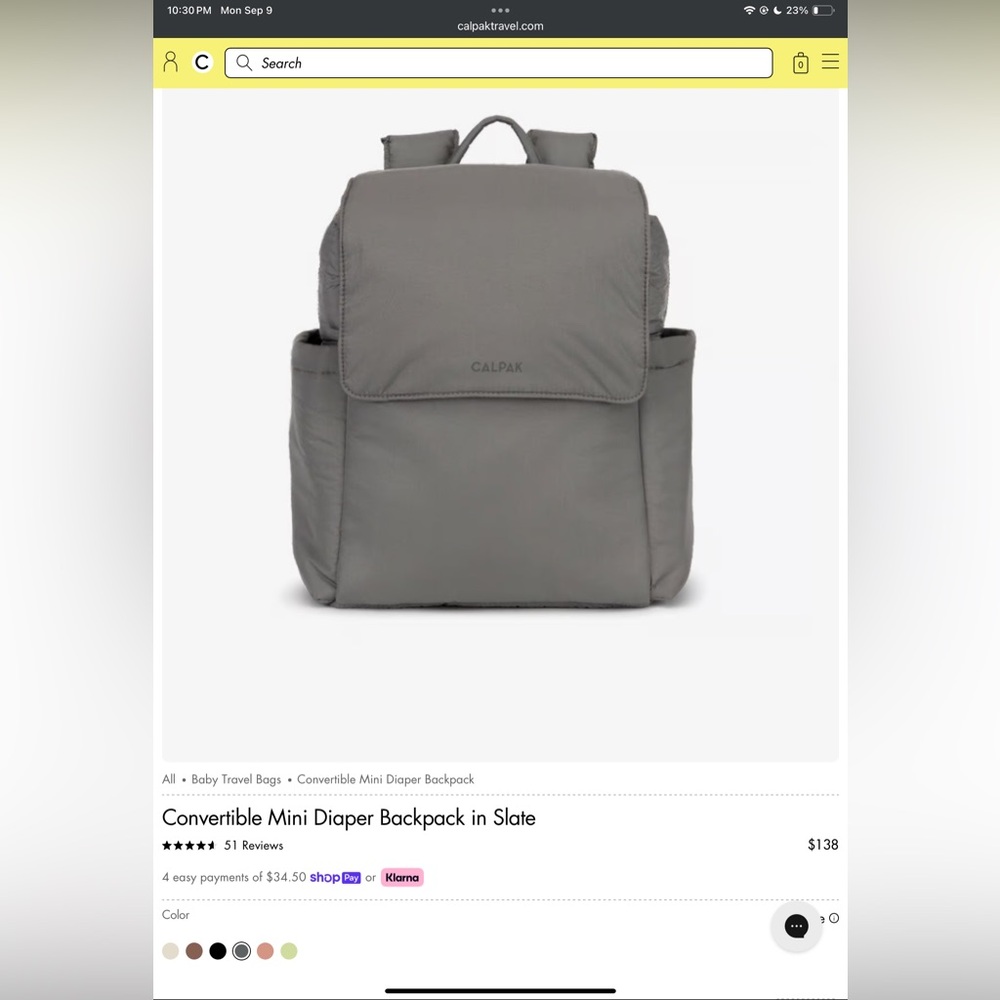 Calpak Mini Diaper Bag in Slate. New, never used.